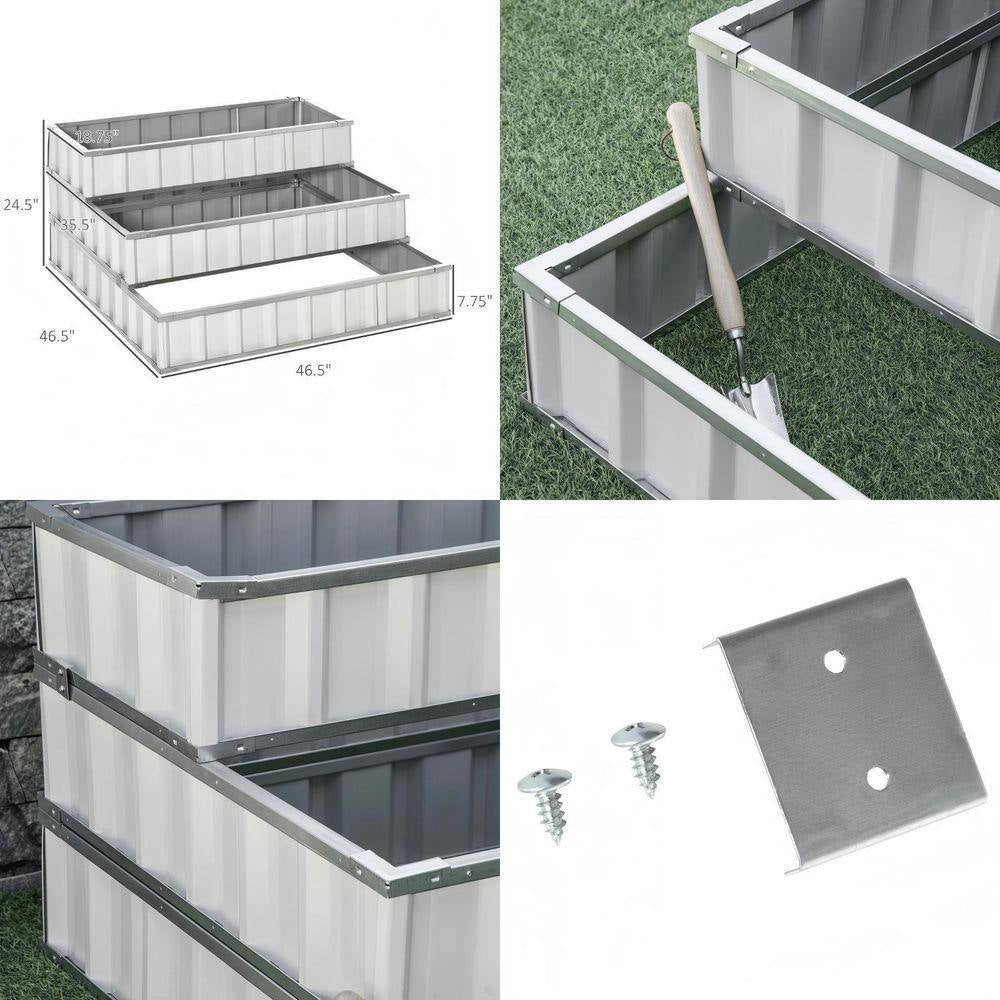 47×47×25 In. 3-Tier Metal Raised Garden Bed Kit with Gloves for Vegetables & Herbs – White