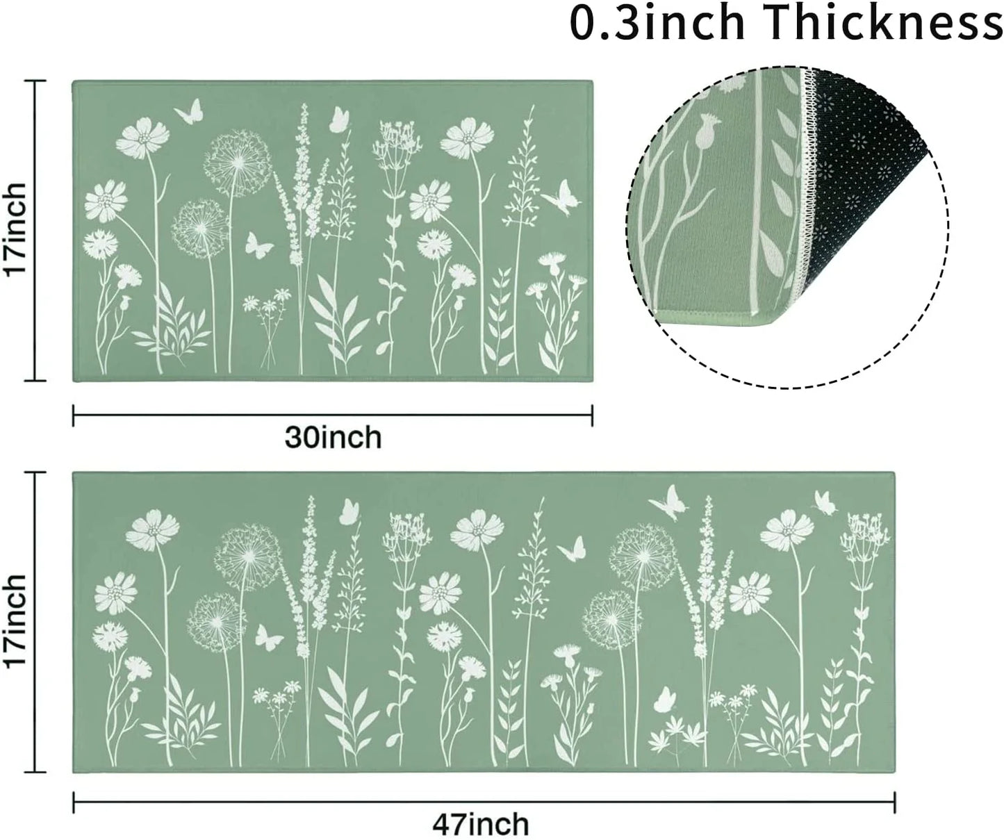 Sage Green Kitchen Mat Rug Set of 2- Plant Floral Butterfly Kitchen Rugs with Runner Kitchen Decor Accessories Things- Leaves Rugs for Home Kitchen Large- 17X24 and 17X48 Inch