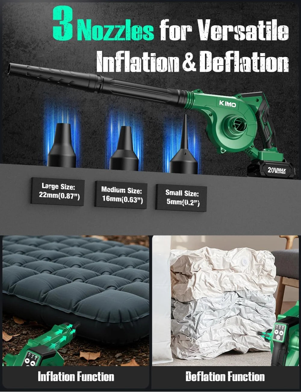 Cordless Leaf Blower and Vacuum Combo 4 in 1, 3 Nozzles for Inflation and Deflation, 190MPH, Control Panel with 3 Speeds, 20" Extended Tube, 2 Pack Battery for Lawn Care