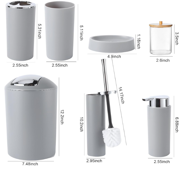 Grey Bathroom Accessories Set – Trash Can, Toothbrush Holder, Soap Dispenser, Tumbler & Q-tip Holder