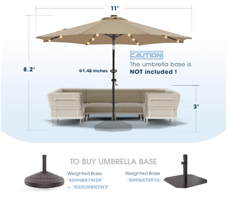 Solar Patio Umbrella 11FT with 32 LED Lights – Outdoor Market Umbrella for Deck, Pool & Garden
