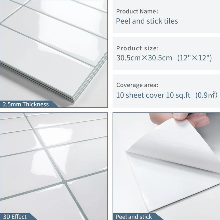 White Peel and Stick Backsplash Tiles – Rectangle Subway Self-Adhesive Wall Panels for Kitchen (10 Sheets 12"x12")