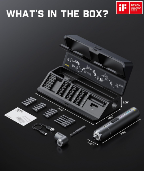 Cordless Electric Screwdriver Set – 7 Torque Settings, 20 Magnetic Bits, 1/4” Hex & 90° Adapter for Home Repairs