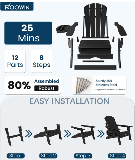 Folding Adjustable Adirondack Chair with Retractable Ottoman – Set of 2, HDPE Outdoor Patio Lawn Chairs with 4-in-1 Cup Holder, All-Weather Resistant