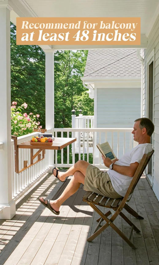 Wood Folding Balcony Bar Table for Railing – Adjustable Height & Width, Teak Finish Outdoor Rail Table 27 9/16” x 21 5/8”