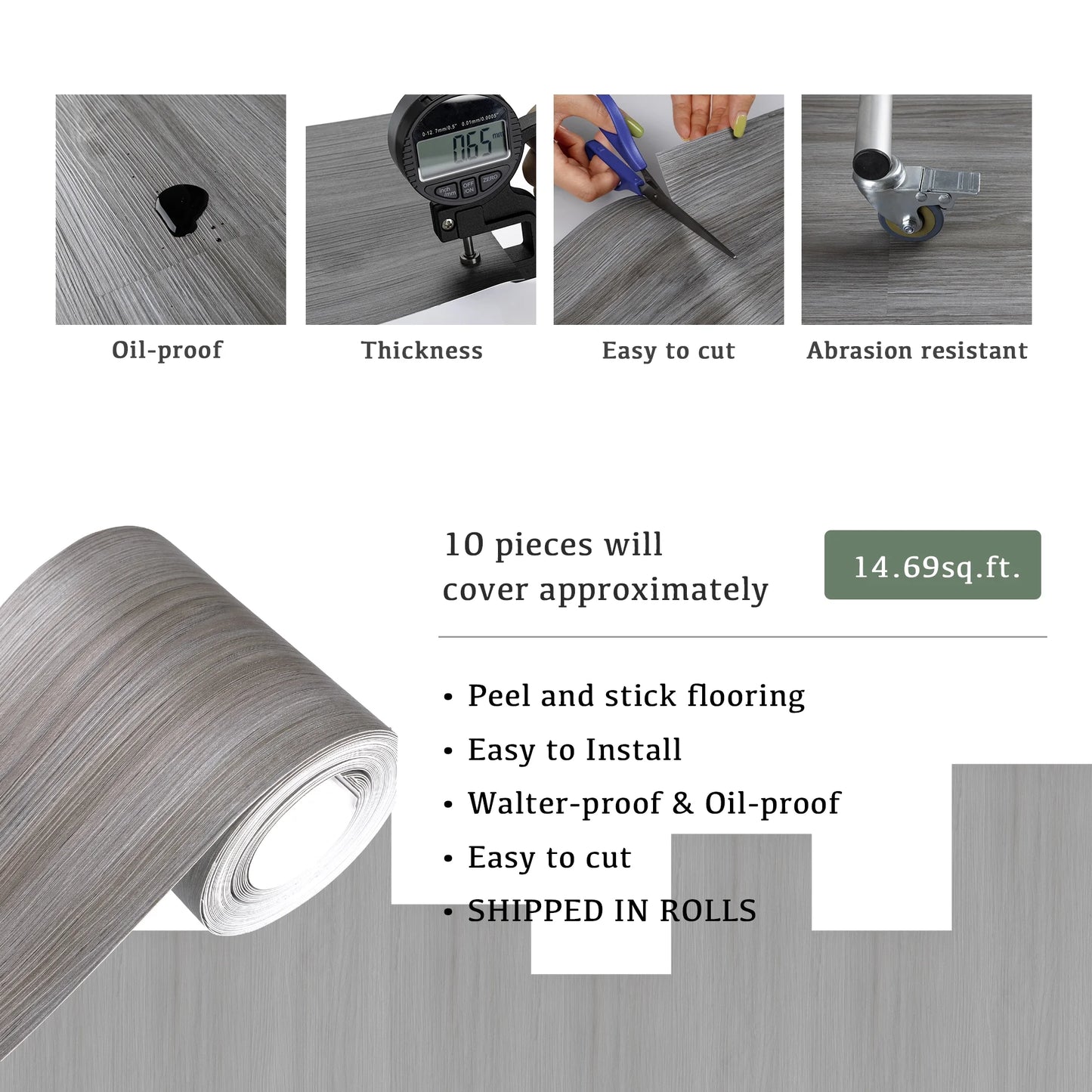 Gray Peel Stick Flooring 36" X 6" 10 Pieces/Pack Vinyl Wood Look Flooring Thin Tiles, Easy to Install for Bathroom, Kitchen, Living Room