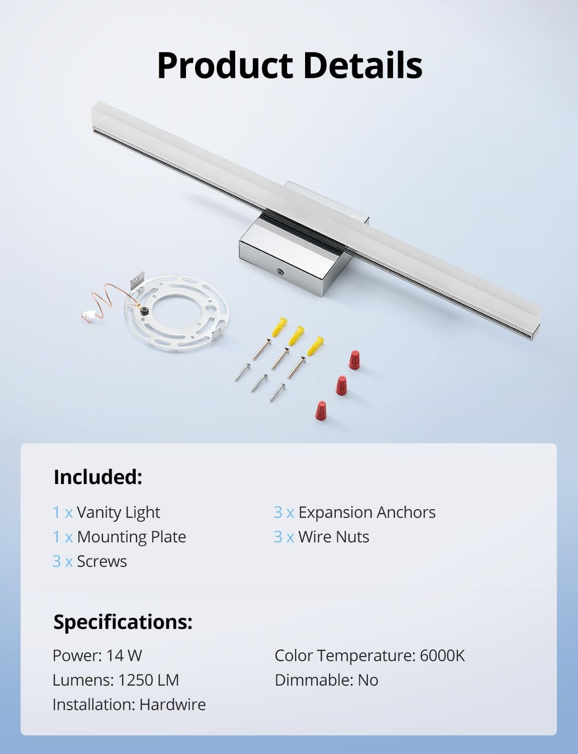 24-Inch LED Vanity Light Bar – 14W IP44 Bathroom Wall Sconce, Cool White 6000K