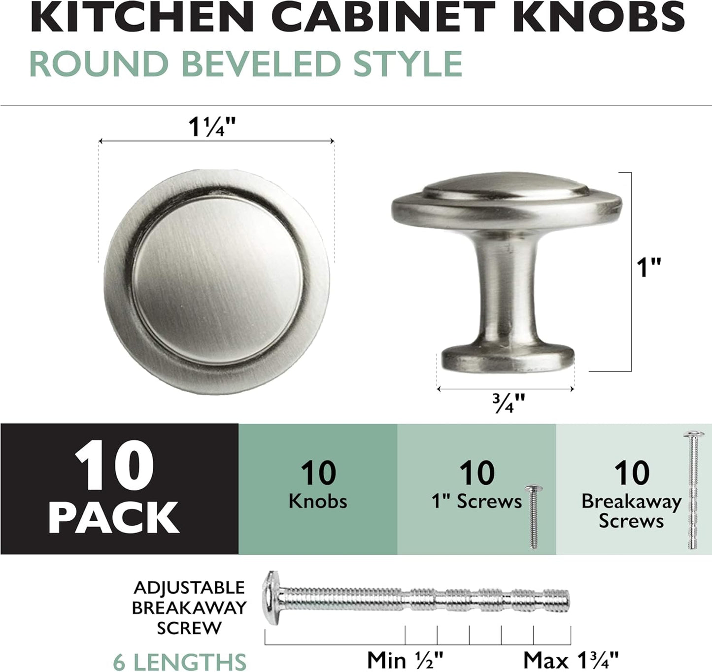 Satin Nickel Kitchen Cabinet Knobs - 1 1/4 Inch round Drawer Handles - 10 Pack of Kitchen Cabinet Hardware