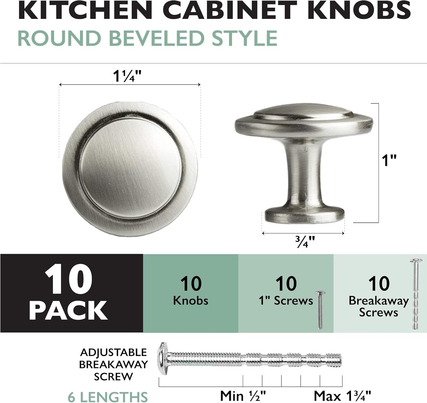 Satin Nickel Kitchen Cabinet Knobs - 1 1/4 Inch round Drawer Handles - 10 Pack of Kitchen Cabinet Hardware