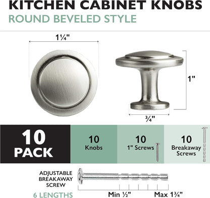 Satin Nickel Kitchen Cabinet Knobs - 1 1/4 Inch round Drawer Handles - 10 Pack of Kitchen Cabinet Hardware