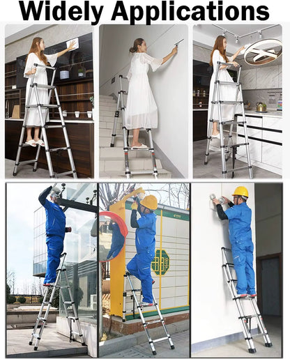 6+7 Step Telescopic Aluminum Extension Ladder – A-Frame Multi-Purpose Folding Ladder, Anti-Slip, 150kg Capacity