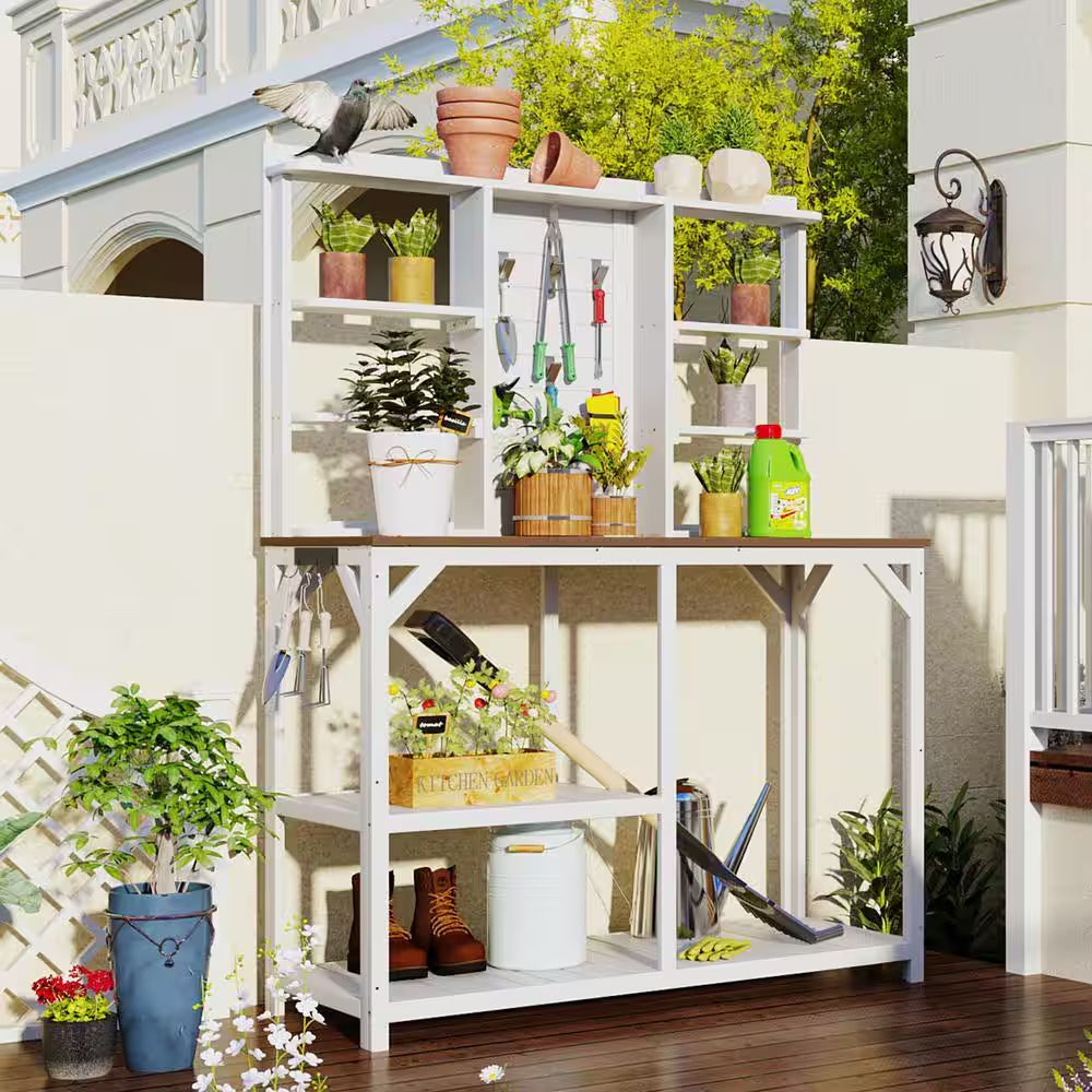 47 In. Wood Outdoor Plant Stand with Shelves – Backyard, Mudroom, Garden Organizer Kit