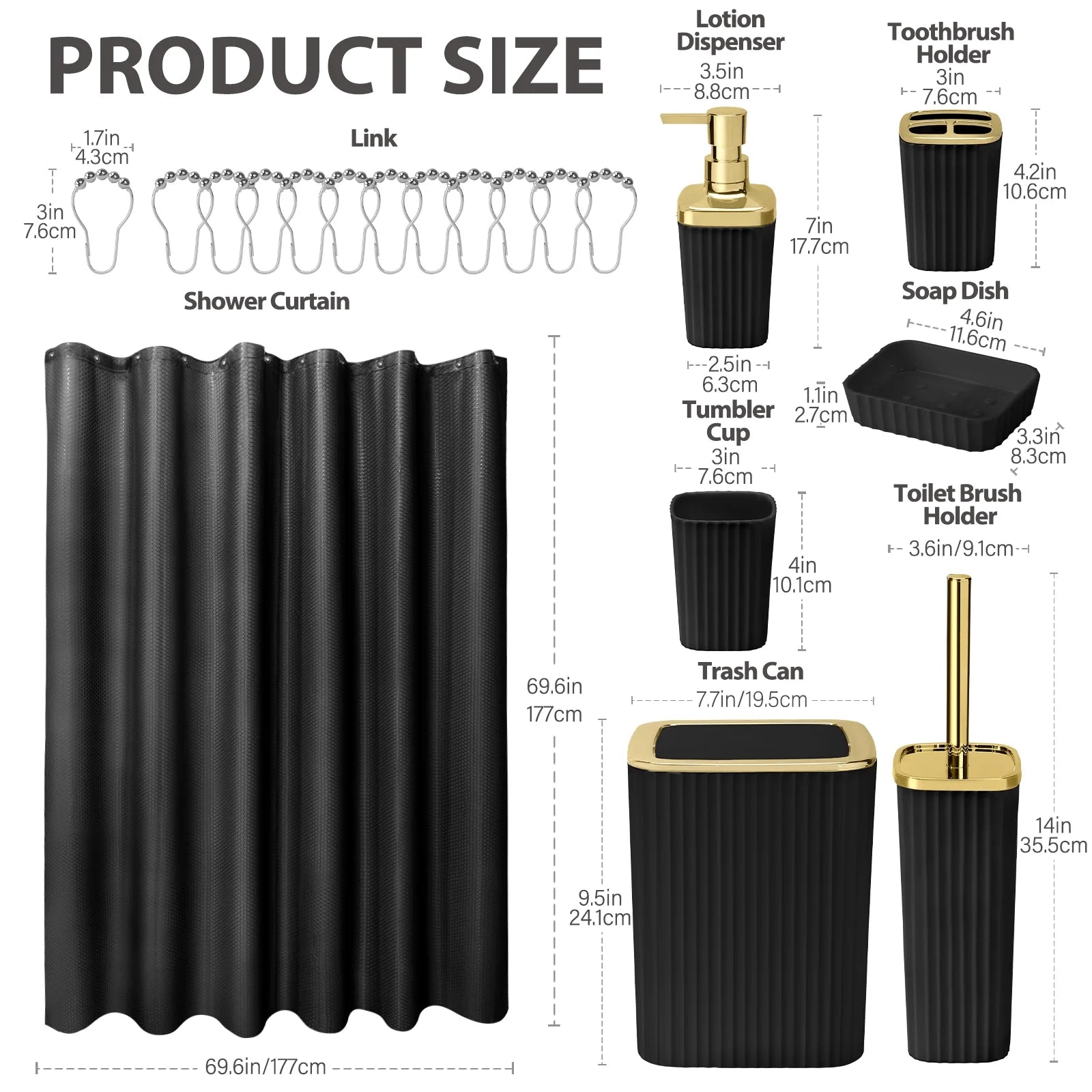 19-Piece Black Bathroom Accessories Set with Shower Curtain – Complete Space-Saving Bathroom Kit