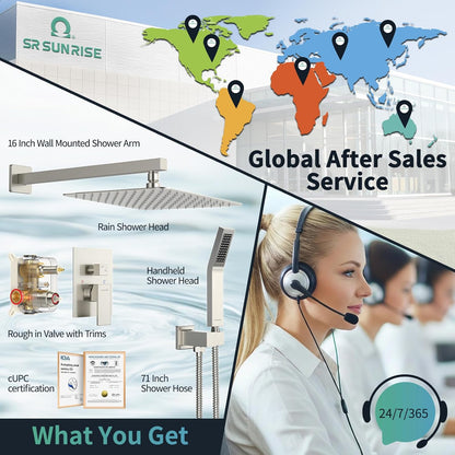 10” Square Rain Shower Faucet Set with Handheld Spray – Brushed Nickel, Wall-Mounted