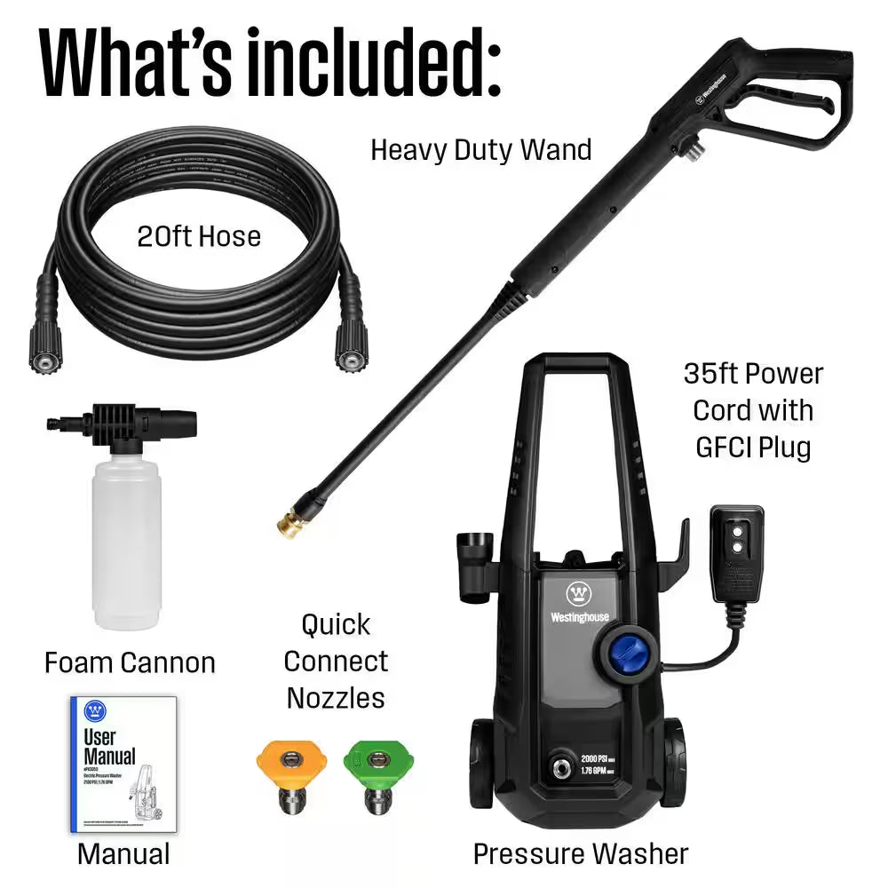 2000 Max PSI 1.76 Max GPM Cold Water Electric Powered Pressure Washer W/Anti-Tipping Technology and 2-Quick Connect Tips