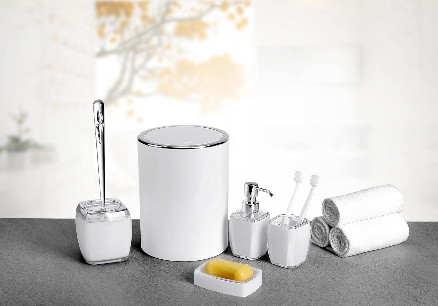 6 Pack White Acrylic Bathroom Accessories Set, Premium Acrylic Bathroom Set, White Toothbrush Holder Set