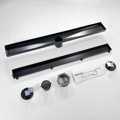 24-Inch Linear Shower Drain,With 2-In-1 Flat & Tile Insert Shiny Black Cover, Rectangle Shower Floor Drain, Floor Shower Drain with Adjustable Leveling Feet, Hair Strainer