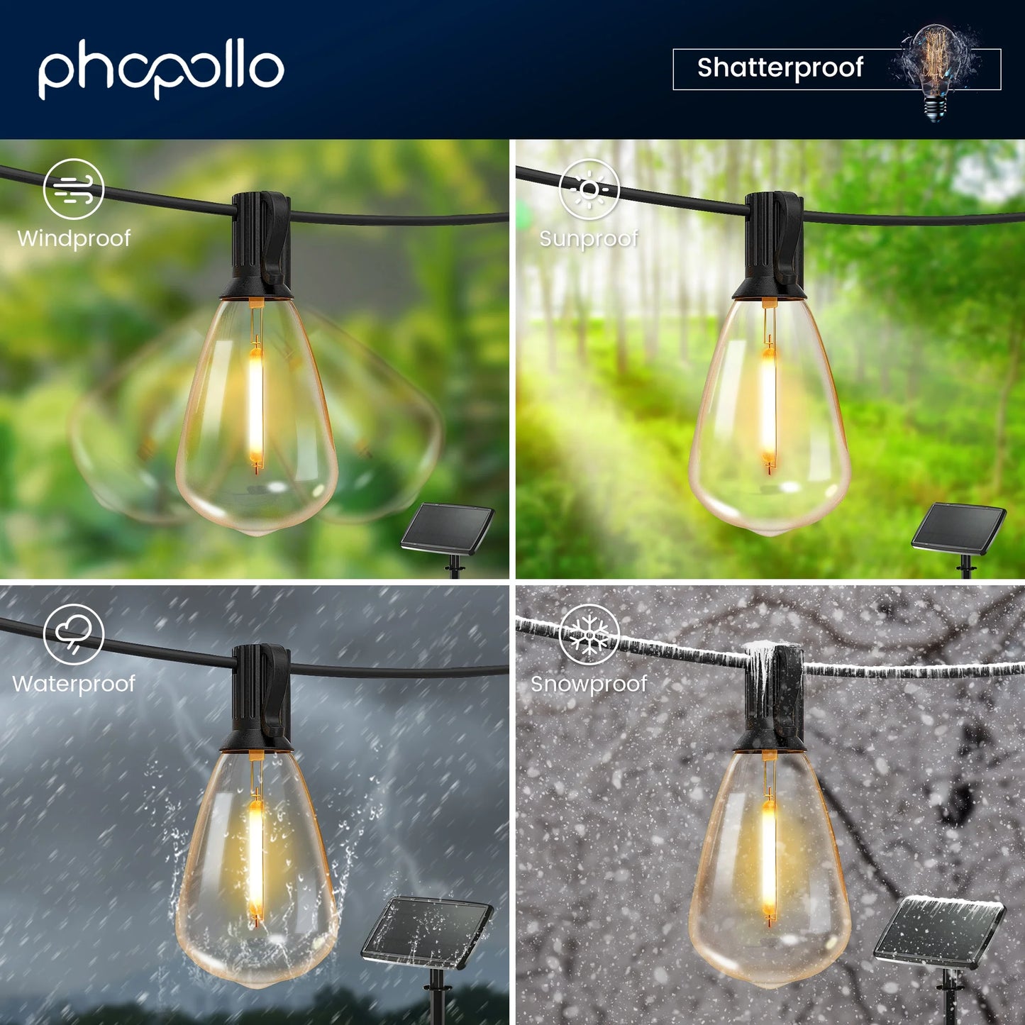 Solar Outdoor String Lights 100 ft – Globe LED, Vintage Edison, Waterproof