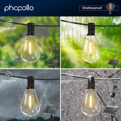 Solar Outdoor String Lights 100 ft – Globe LED, Vintage Edison, Waterproof