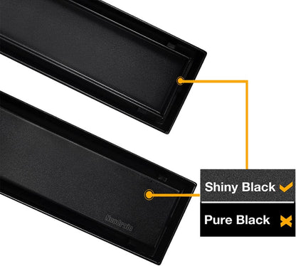 24-Inch Linear Shower Drain,With 2-In-1 Flat & Tile Insert Shiny Black Cover, Rectangle Shower Floor Drain, Floor Shower Drain with Adjustable Leveling Feet, Hair Strainer