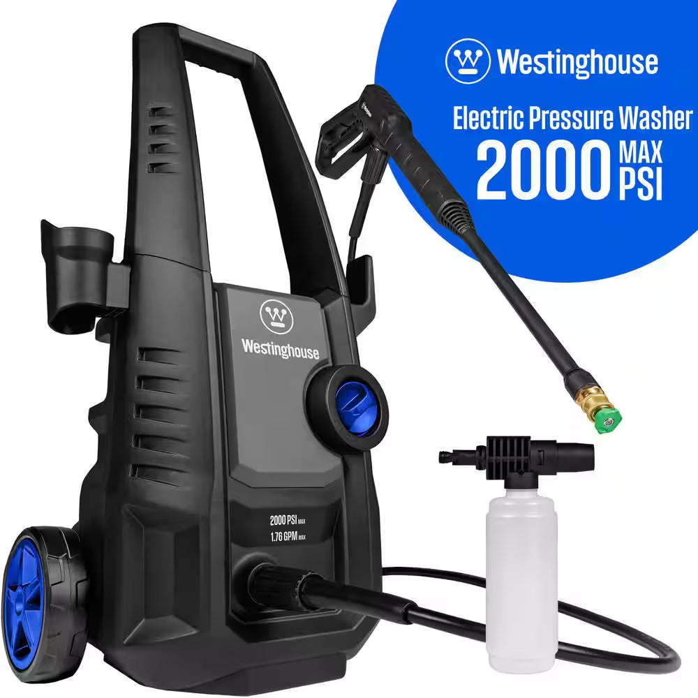 2000 Max PSI 1.76 Max GPM Cold Water Electric Powered Pressure Washer W/Anti-Tipping Technology and 2-Quick Connect Tips