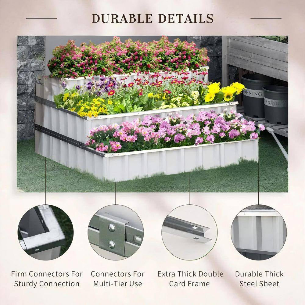 47×47×25 In. 3-Tier Metal Raised Garden Bed Kit with Gloves for Vegetables & Herbs – White