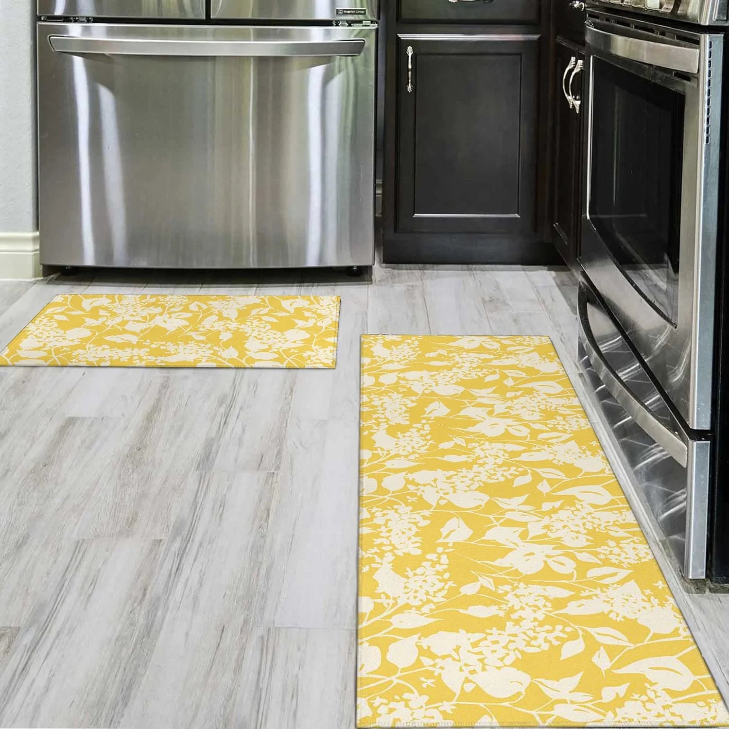 Yellow Kitchen Rug Mat Set of 2 Spring Flowers Floral Kitchen Rugs Washable Kitchen Floor Mats Non-Slip Yellow Kitchen Decor