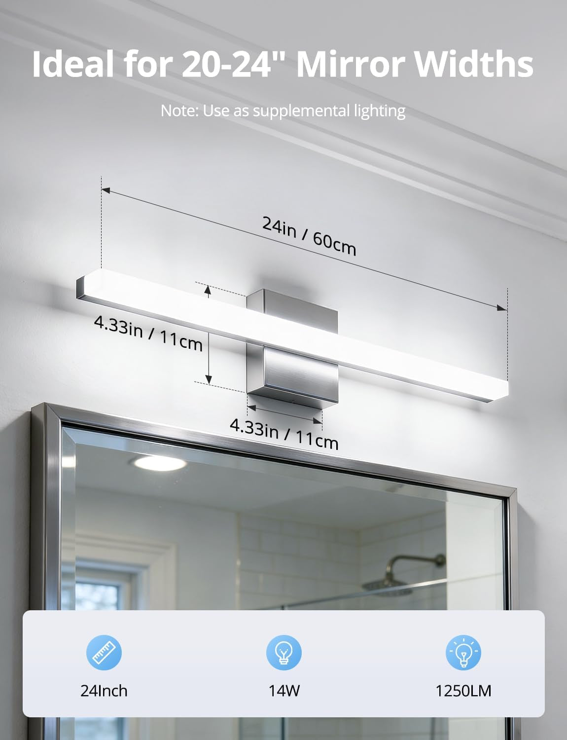 24-Inch LED Vanity Light Bar – 14W IP44 Bathroom Wall Sconce, Cool White 6000K