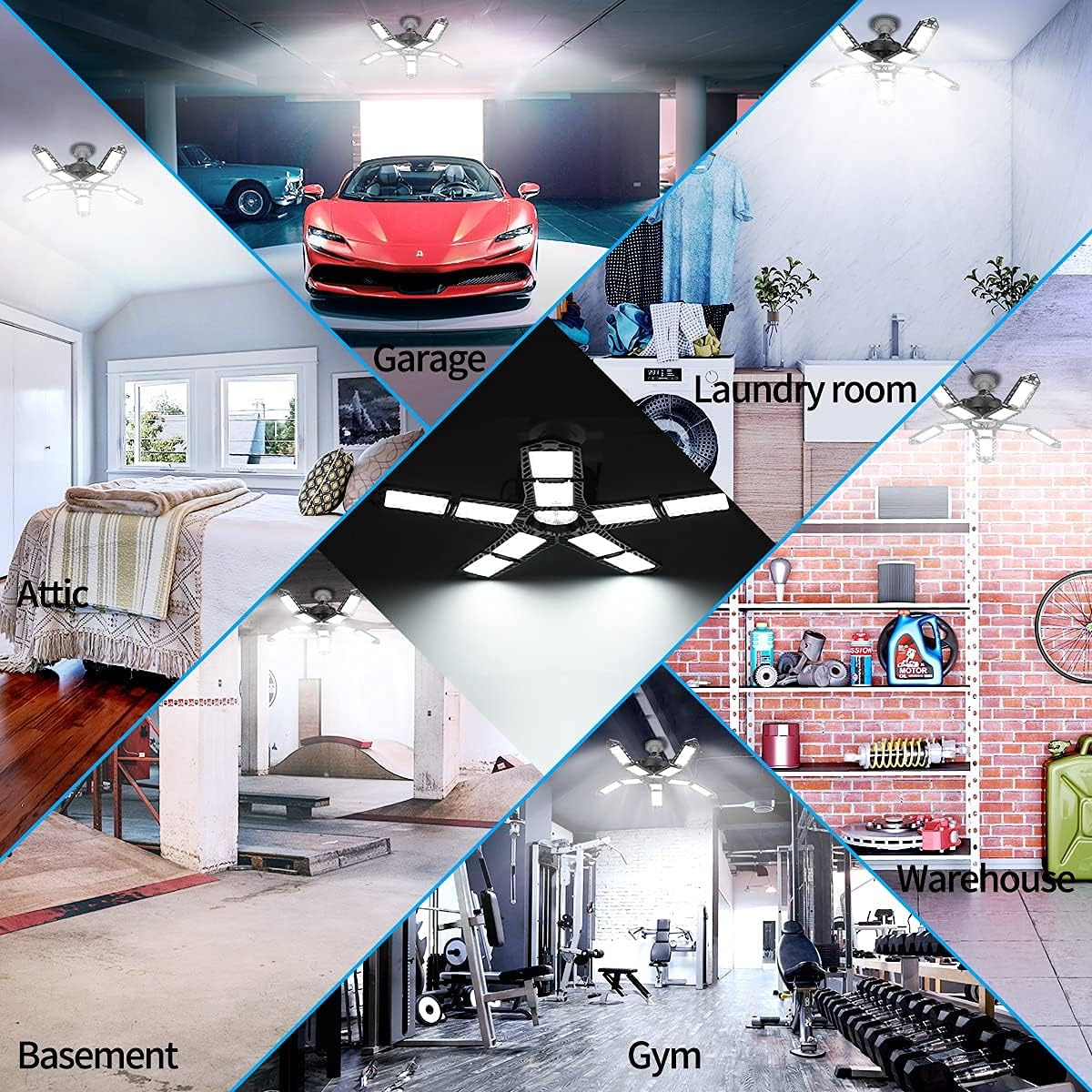 2 Pack LED Garage Lights 180W – 10-Leaf Adjustable Ceiling Lamp, 18000LM, 6500K