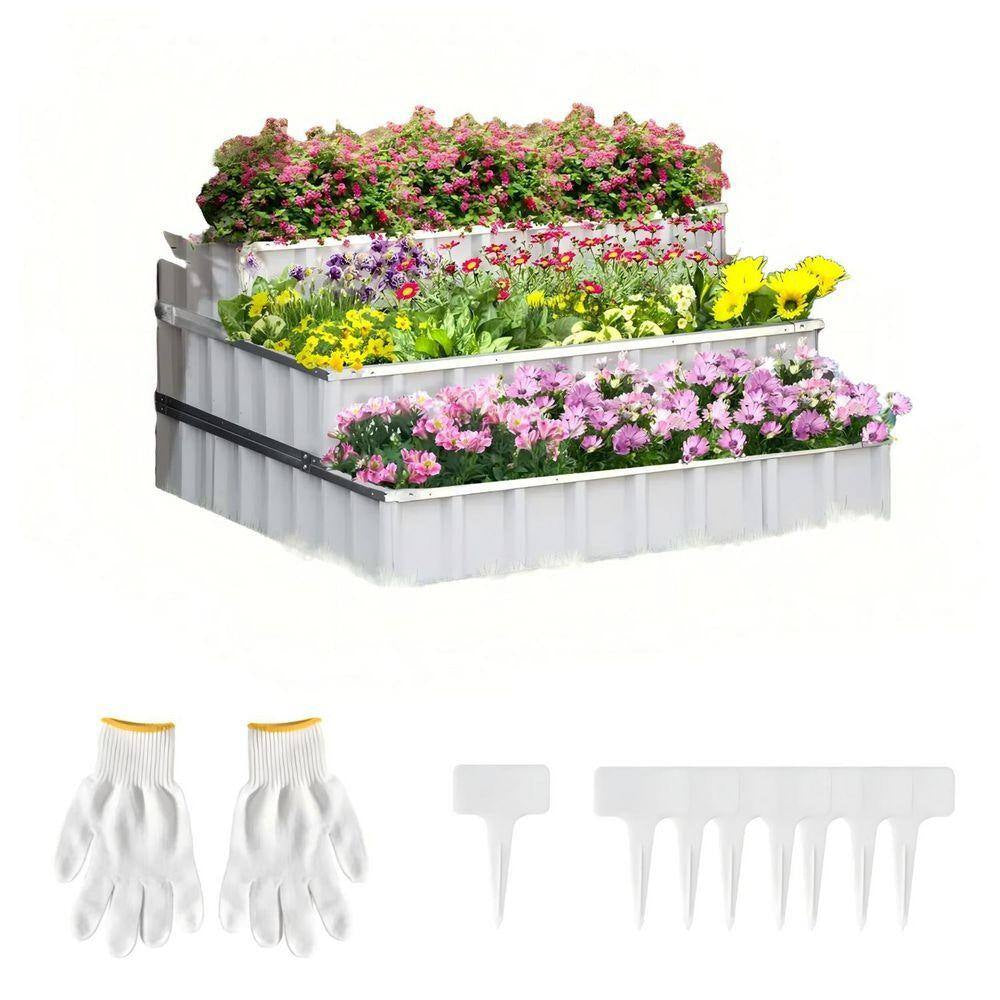 47×47×25 In. 3-Tier Metal Raised Garden Bed Kit with Gloves for Vegetables & Herbs – White