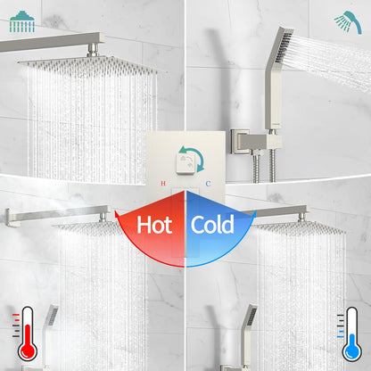 10” Square Rain Shower Faucet Set with Handheld Spray – Brushed Nickel, Wall-Mounted