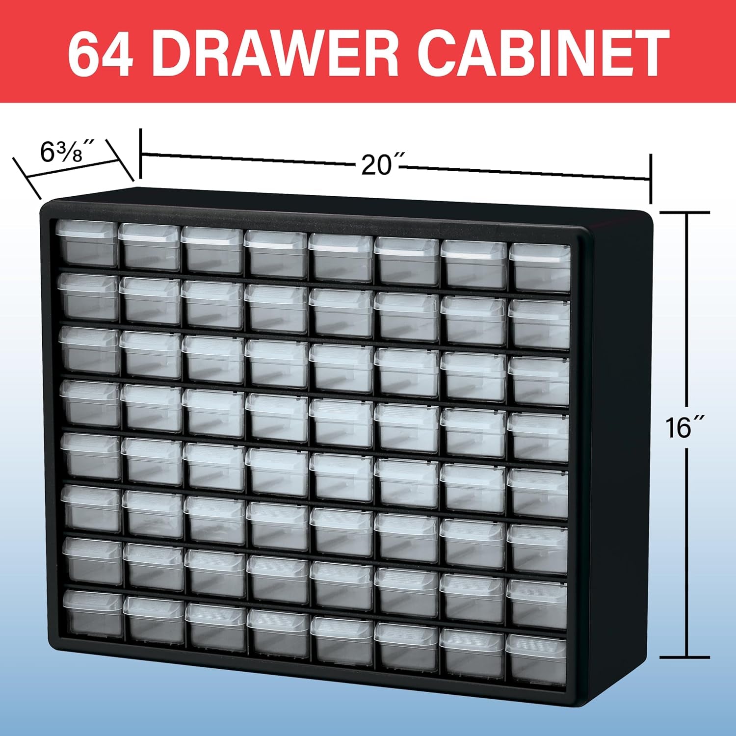 64-Drawer Plastic Drawer Storage Cabinet for Garage Organization, Bead Organizer, Building Bricks Storage, Teacher Toolbox, Makeup Organizer, 20-Inch W X 6-Inch D X 16-Inch H, 10764 Black
