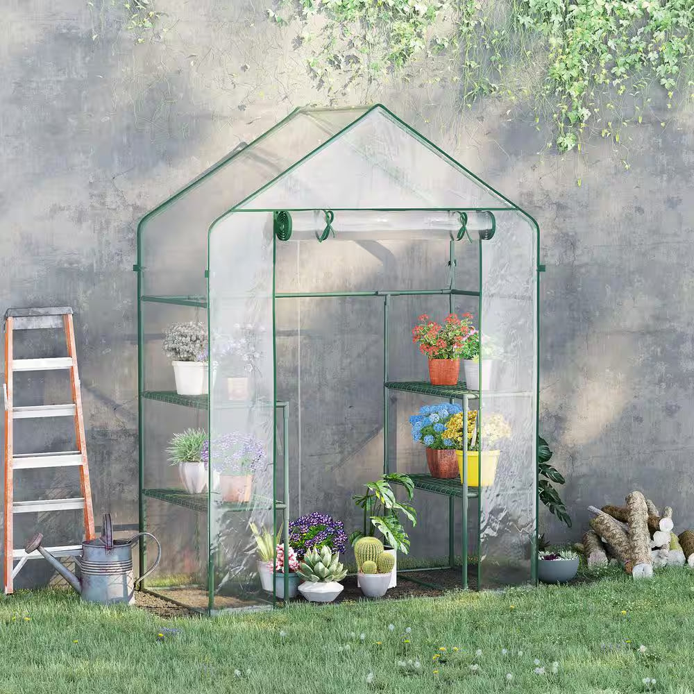 4.7 Ft x 2.4 Ft Walk-In Greenhouse – Portable Clear Gardening Crop Cage with 3-Tier Shelves & Roll-Up Door for Outdoor Plants