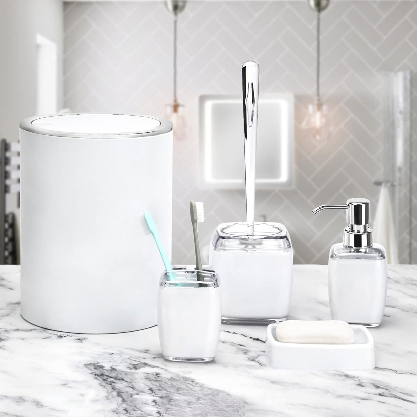 6 Pack White Acrylic Bathroom Accessories Set, Premium Acrylic Bathroom Set, White Toothbrush Holder Set