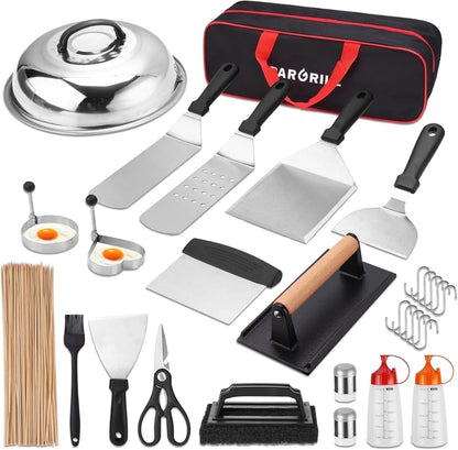 128 PCS Griddle Accessories Kit, Stainless Steel Grill Tool Set with Spatulas, Scrapers, Squeeze Bottles, Skewers, Outdoor BBQ Set for Men Women Dad