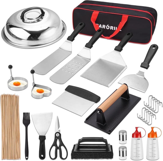 128 PCS Griddle Accessories Kit, Stainless Steel Grill Tool Set with Spatulas, Scrapers, Squeeze Bottles, Skewers, Outdoor BBQ Set for Men Women Dad