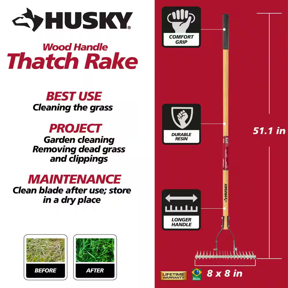 Long Wood Handle 19-Tine Adjustable Thatch Rake - 54 In. 