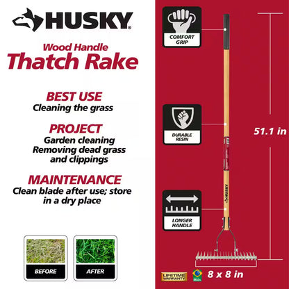 Long Wood Handle 19-Tine Adjustable Thatch Rake - 54 In. 