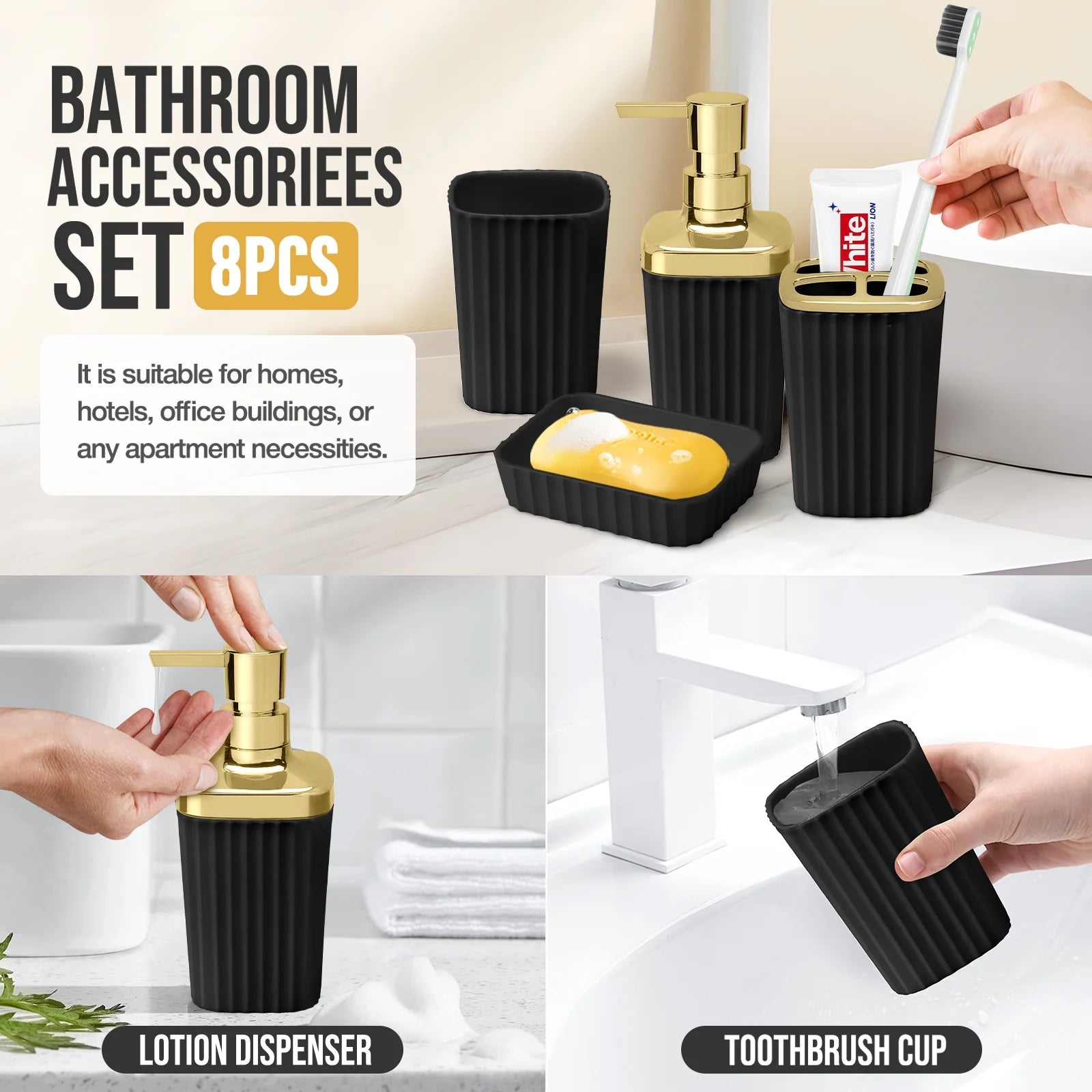 19-Piece Black Bathroom Accessories Set with Shower Curtain – Complete Space-Saving Bathroom Kit