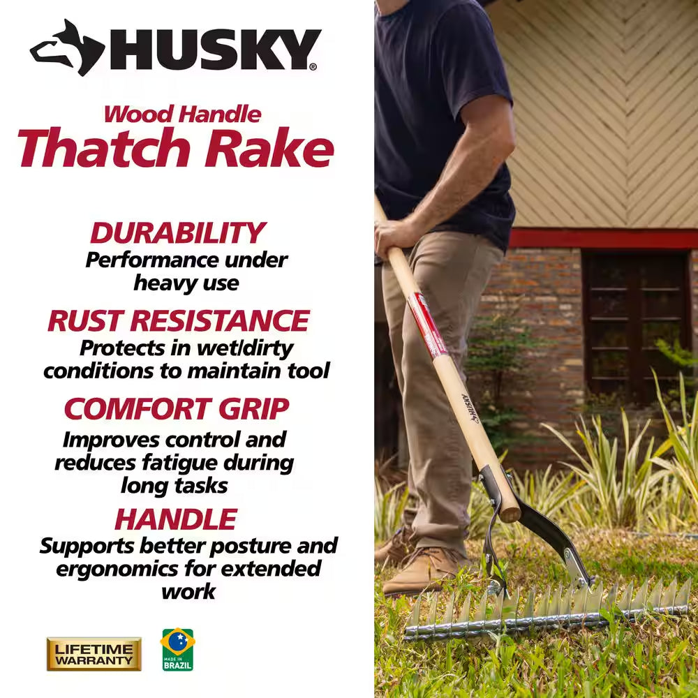 Long Wood Handle 19-Tine Adjustable Thatch Rake - 54 In. 