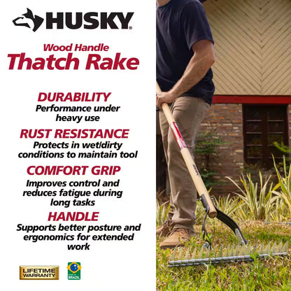 Long Wood Handle 19-Tine Adjustable Thatch Rake - 54 In. 