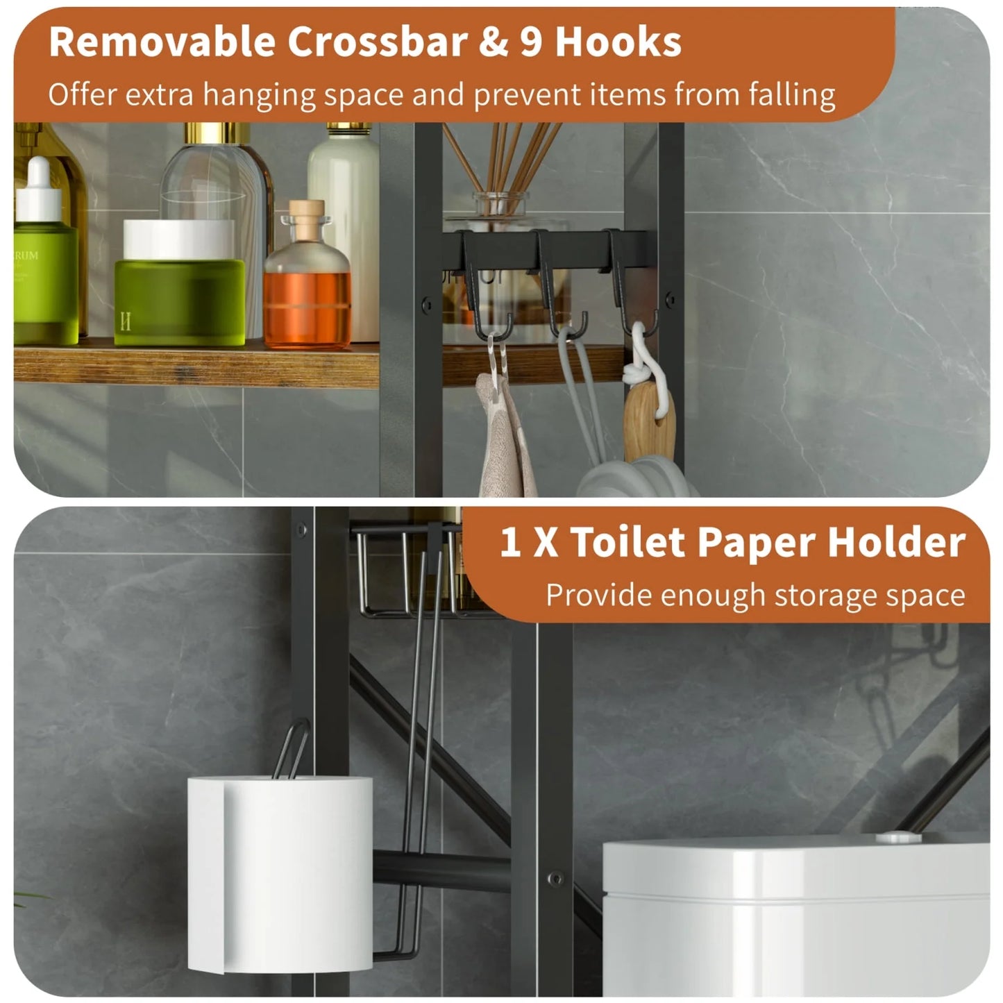Rustic Brown 4-Tier Over-the-Toilet Storage Rack – Adjustable Shelves, 9 Hooks & Toilet Paper Holder