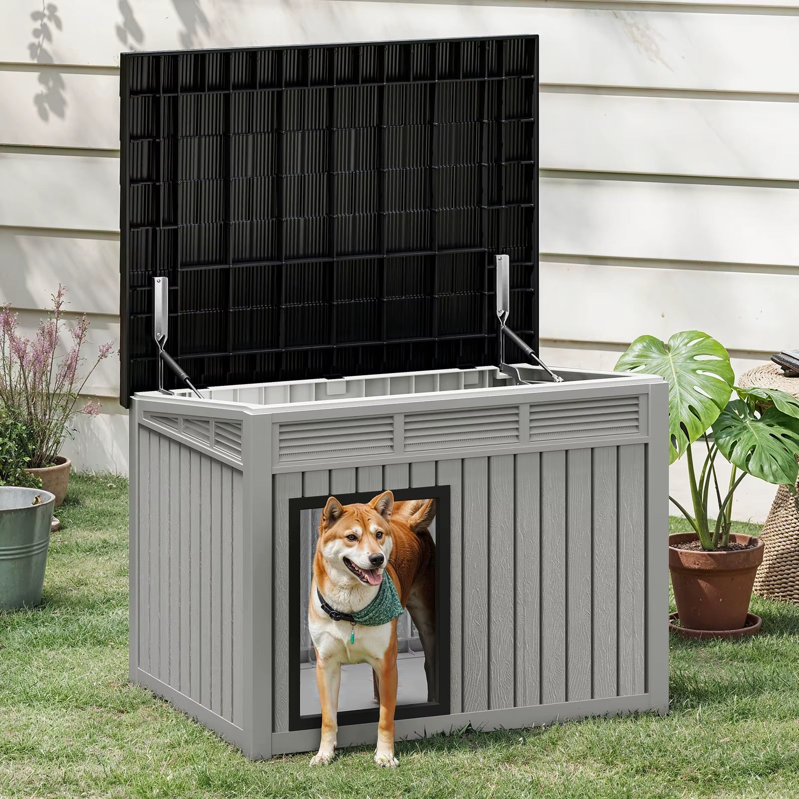 Gray Plastic Dog House with Lift-Off Roof – Outdoor & Indoor Kennel with Ventilation for Small to Medium Dogs