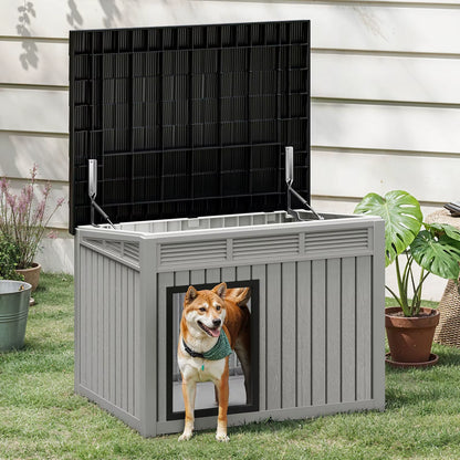 Gray Plastic Dog House with Lift-Off Roof – Outdoor & Indoor Kennel with Ventilation for Small to Medium Dogs