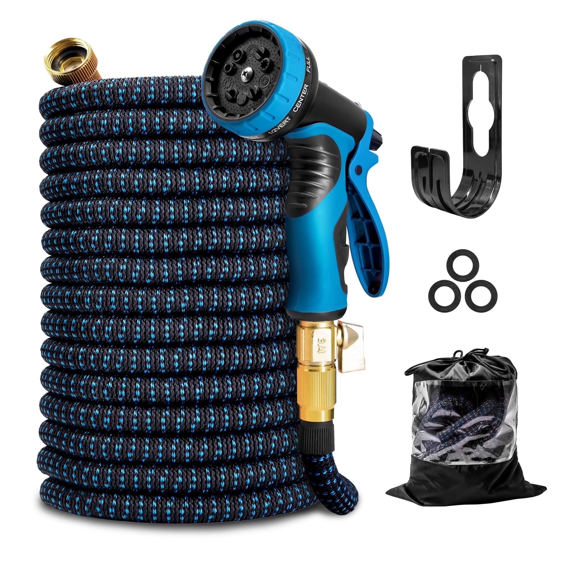 Expandable Garden Hose for outside with 10 Spray Nozzles, Hose Holder, Blue, 25 Ft