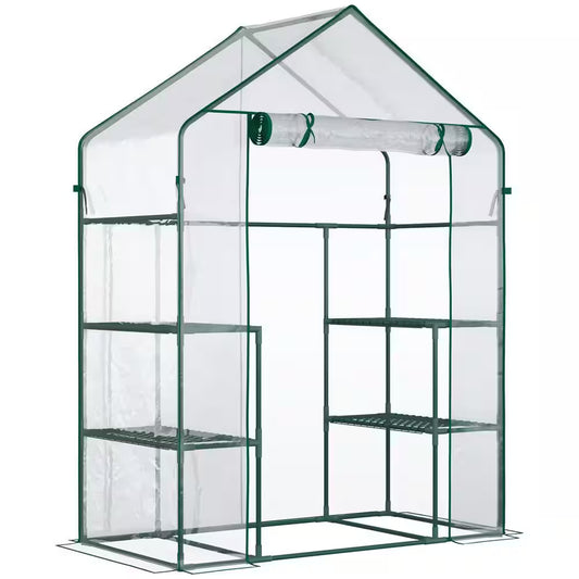 4.7 Ft x 2.4 Ft Walk-In Greenhouse – Portable Clear Gardening Crop Cage with 3-Tier Shelves & Roll-Up Door for Outdoor Plants