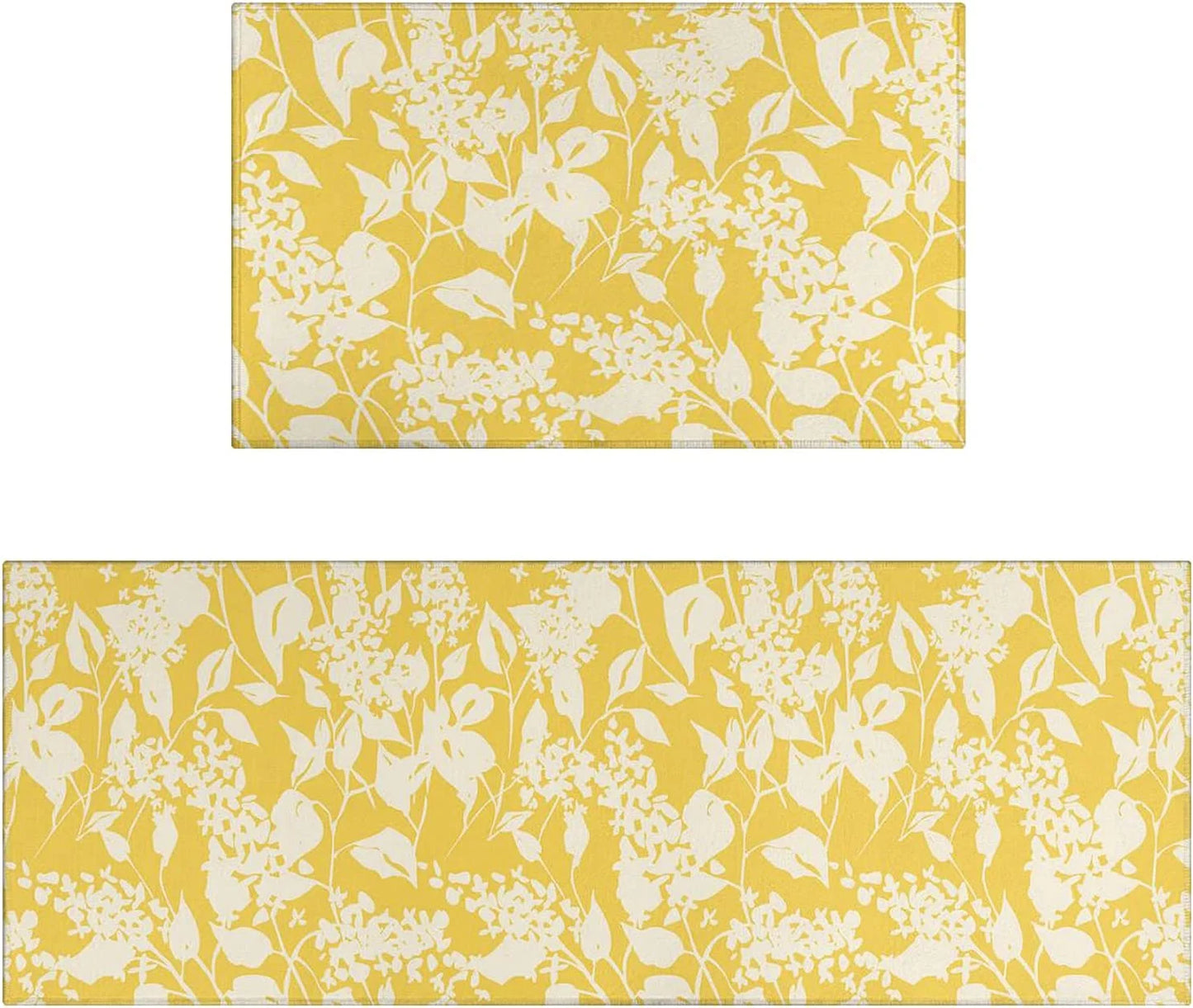 Yellow Kitchen Rug Mat Set of 2 Spring Flowers Floral Kitchen Rugs Washable Kitchen Floor Mats Non-Slip Yellow Kitchen Decor