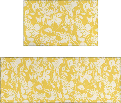 Yellow Kitchen Rug Mat Set of 2 Spring Flowers Floral Kitchen Rugs Washable Kitchen Floor Mats Non-Slip Yellow Kitchen Decor