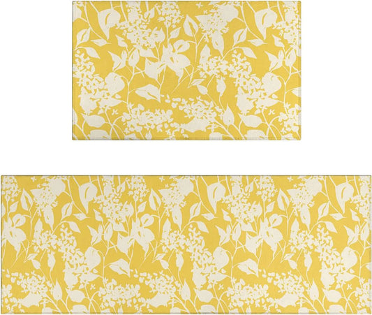 Yellow Kitchen Rug Mat Set of 2 Spring Flowers Floral Kitchen Rugs Washable Kitchen Floor Mats Non-Slip Yellow Kitchen Decor