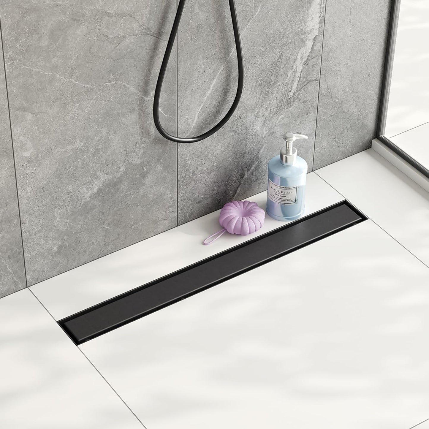 24-Inch Linear Shower Drain,With 2-In-1 Flat & Tile Insert Shiny Black Cover, Rectangle Shower Floor Drain, Floor Shower Drain with Adjustable Leveling Feet, Hair Strainer
